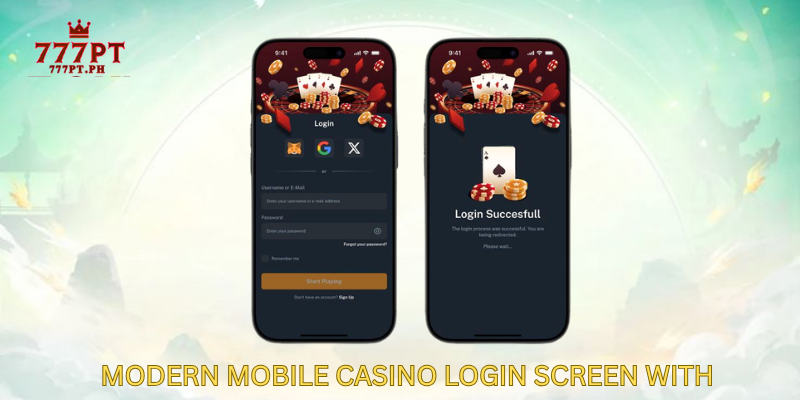 Modern mobile casino login screen with registration form interface