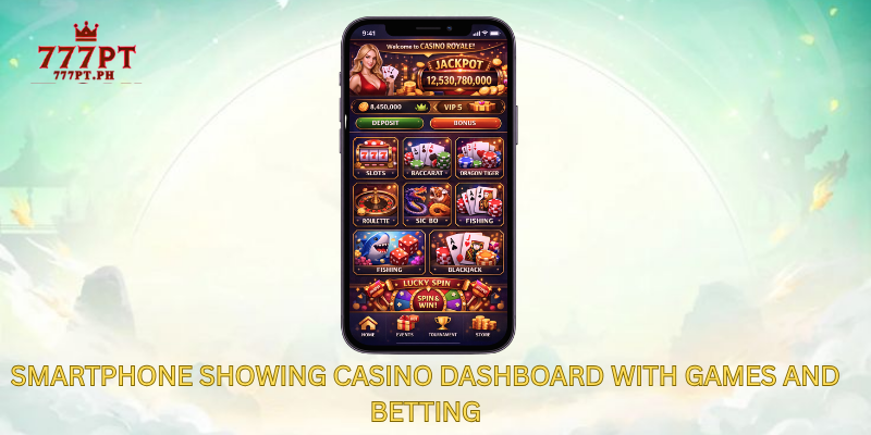 Smartphone showing casino dashboard with games and betting interface