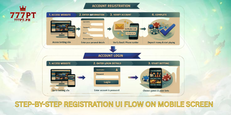 Step-by-step registration UI flow on mobile screen