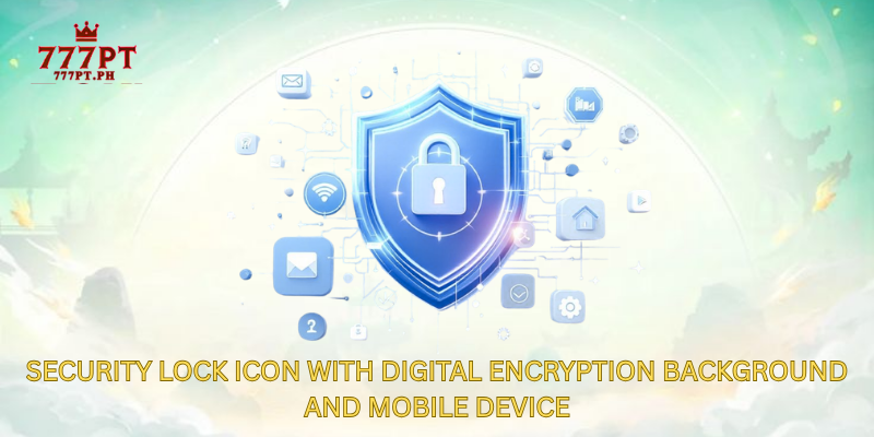 Security lock icon with digital encryption background and mobile device